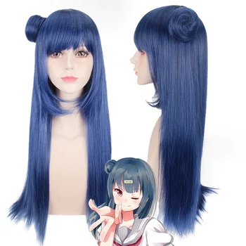 LoveLive!Güneş ışığı! Tsushima Yoshiko Uzun Mavi Anime Kostüm Partisi Evrensel Kadın Sahte Saç için Düz Cosplay Peruk 70cm