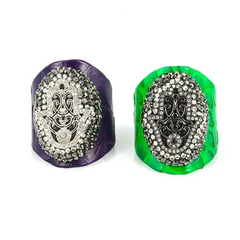 Lüks mücevher mor yeşil deri malzeme serme siyah beyaz cz Zirkon elmas hamsa ayarlanabilir açık unisex yüzük takılar