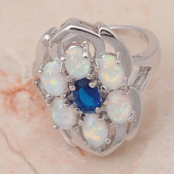 Lüks tasarım altı adet Beyaz Opal, ateş Opal Gümüş Yüzük Mavi Zirkon Moda Takı USA sz Yüzük #9 OR652#6#7#8 Damgalı Kakma