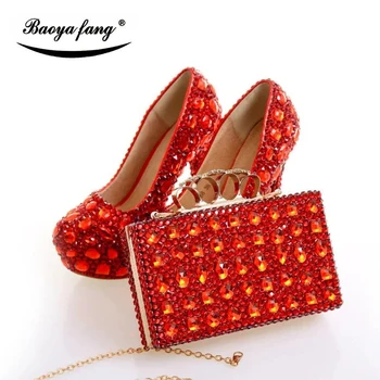 Lüks çanta eşleşen kadın moda ayakkabı Yüksek topuklu Kadın parti elbise ayakkabı Platform ayakkabı kristal düğün ayakkabı Kırmızı