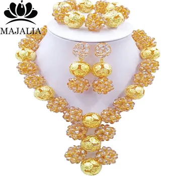 Majalia Moda Nijeryalı Düğün Set Afrika Mücevher Altın ab Kristal Gelin Takı Setleri 1CZ015 Set