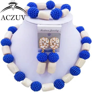 Marka ACZUV koyu Mavi, Taklit İnci ve Fildişi Beyaz Mercan Boncuk AN082 Set Mücevher Afrika Nijerya Düğün Takı Kolye