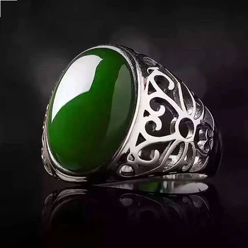 Max adam Gümüş erkek yüzük 12*erkekler için 16mm 10ct Doğal Yeşil Yeşim yüzük katı 925 gümüş jade ring en iyi hediye boyutu