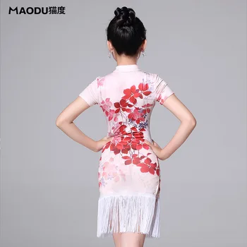 MD7138 kız/çocuk, balo salonu Çin Tarzı bir moda kısa kollu Çiçek baskı püskül Latin dans-parça elbise kostüm