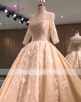 Melice Çekici Aplike Kraliyet Tren Prenses Düğün 2018 Tekne Boyun Yarım Kollu Gelinlik Robe De Mariage Elbise Boncuklu