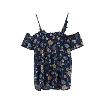 Mikialong 2017 Boho Çiçekli Omuz Şifon Bluz Kadınlar Dantel Yamalı Gömlek Kadın Askısı Kısa Kollu Blusas Basılı