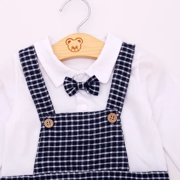Mizah Ayı Yeni Doğan Bebek Çocuk Giyim Sonbahar Tarzı Beyefendi Uzun Kollu Beyaz Gömlek Izgara Jartiyer Şapka Giyim Takım Elbise + Set