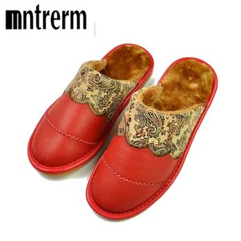 Mntrerm 2017 Yeni Hakiki Deri Ev Terlikleri Yüksek Kaliteli Kadın Terlik Peluş İçerisi Sıcak Kapalı Ayakkabı Kadın Peluş