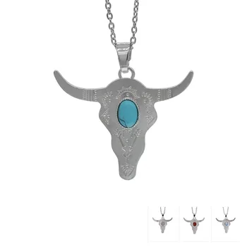 Moda buffalo Kafa boncuk Gümüş Rengi Boğa Sığır Çekicilik Boncuk Longhorn Reçine Boynuz Sığır Takı için carnelian Kolye