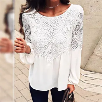 Moda Kadın Yaz Casual Gevşek Bluz Şifon Bayanlar Uzun Kollu Dantel Beyaz Bluz Gömlek Tops