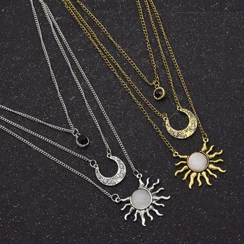Moda liçi Kristal Gümüş Altın Rengi, Ay, Güneş, çok Katmanlı Kolye Yılan Zincir Spor Jewlery Kolye Kazak Zinciri