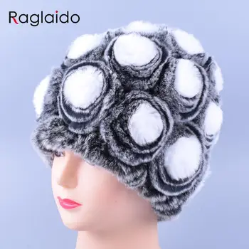 Moda Çiçek Kış Kapaklar Gerçek Kürk Kap Mevcut Kadınlık Rex Tavşan Kürk Şapka Kasketleri Örme Kızlar için LQ11168 Şapka Örgü