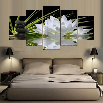 Modern Ev Duvar Sanatı Dekorasyon Çerçeve Modüler Resimler 5 Adet Beyaz Lotus Çiçeği Su Arnavut kaldırımı HD Basılı Tuval Resimleri
