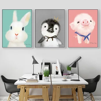 Modern karikatür sevimli hayvan Tavşan , Domuz ,köpek Tuval Sanat Baskı Poster, Duvar Resimleri Ev Dekorasyon, Giclee Baskı Duvar Dekoru