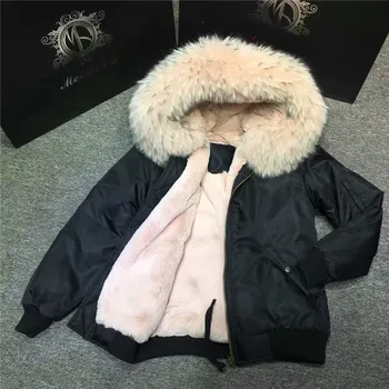 Mont kış kadın ceket içinde 2017 Moda su geçirmez siyah fermuar eskitmek Açık pembe kürk