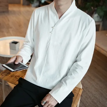 MRDONOO Çin Tarzı Erkek uzun kollu gevşek büyük boy pamuk ve keten T shirt Tang takım elbise Kore, Japonya giyim Gömlek keten