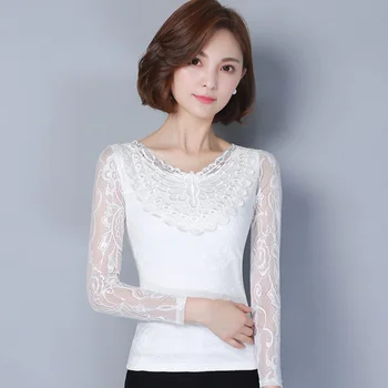 Nakış Dantel Moda Beyaz Bluz Büyük Boyutu S-5XL Uzun Kollu Sonbahar İlkbahar Siyah Mavi Kadın Rahat Gömlek