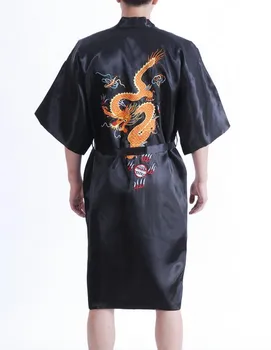 Nakış Ejderha Siyah Geleneksel Çin Erkek Elbise İpek Saten Pijama Kimono Yukata Banyo Elbise Boyutu S M L XL XXL MR003