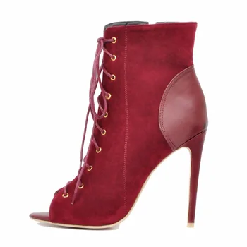 Orijinal Niyeti Yeni Moda Kadın Çizmeler Peep Toe İnce Topuklu Çizme Çekicilik Şarap Kırmızı Ayakkabı Kadın ayak Bileği Artı 4-15 Boyutu BİZİ