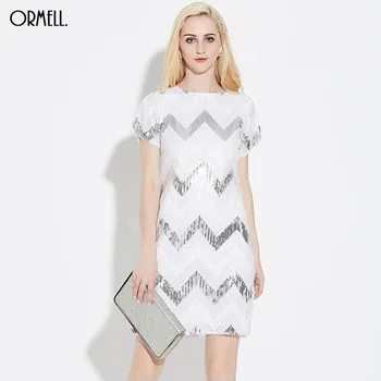 ORMELL Kadın Geometrik Desen Glitter Elbise Kısa Kollu O Boyun Elbise Bayanlar Yaz Retro Düz Mini Parti Elbise