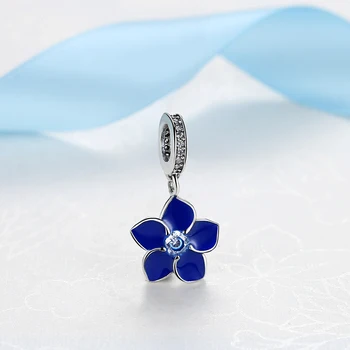 Otantik 925 Gümüş Emaye Mavi Çiçek Çekicilik Boncuk Kolye Kadınlar Takı İçin Pandora Bilezik Kolye Uygun
