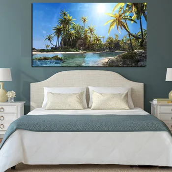 Oturma Odası Cuadros için Tuval Duvar Sanatı Modern Sanat Poster HD Baskı Resim güneş hindistan Cevizi Ağaçları, deniz Manzarası Manzara Resim