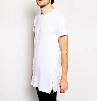 Pamuk hip hop yan fermuar uzun t-shirt moda tasarım longline t-shirt üst tee erkek tshirt uzun boylu