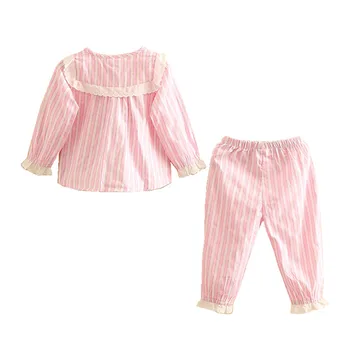 Pamuk Setleri Çocuk Pijama Mudkingdom Kızlar Elastik Pantolon Ev Giysileri Bel Dantel Üstleri Düğmeli Çizgili Kız Pijama Sevimli