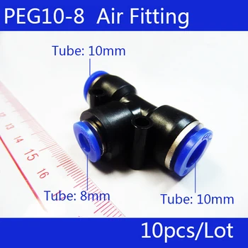PEG10 ücretsiz kargo 10 adet 10MM PEG - 8MM Pnömatik Eşitsiz Birliği Tee Hızlı Montaj Bağlayıcı Azaltılması Elemanı-8