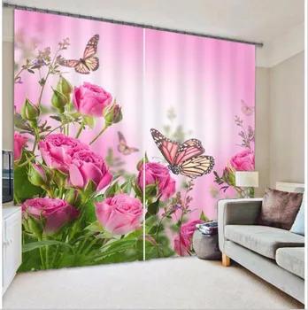 Pembe Çiçekler Oturma Odası, Yatak Odası, Otel, Ofis, Ev Duvar Halısı İçin Modern 3D Karartma Perdeleri Perdeler Kelebek