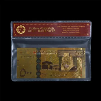 Plastik COA Çerçeve renk Suudi Arabistan 500 Lira Altın Banknot Toptan Sıcak Satış Metal Renkli Altın Banknot