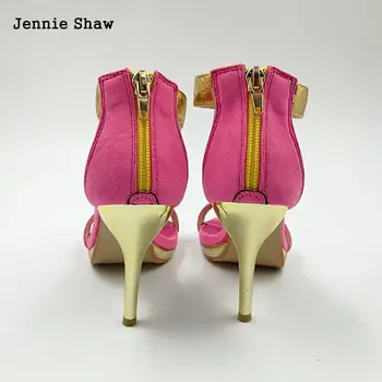 Platform boyutu 32 33 40 fermuar sandalet seksi renk blok bling yaz kadınlar kadın ziyafet ayakkabı yüksek topuklu sandalet rose