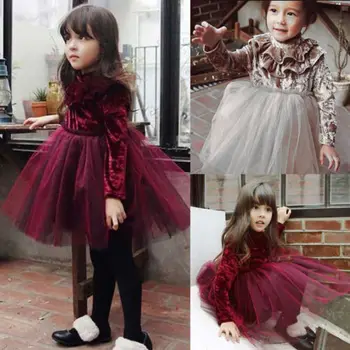 Prenses Çocuk Bebek Yaz Vestidos Bebek Kız 5Y 1 Kadife Elbise Fırfır Dantel Düğün Tutu Dressse Sundress Giyim Elbise-