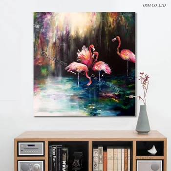 Profesyonel Sanatçı Üreme Yüksek Kaliteli Pembe Kanvas el Yapımı Komik Hayvan Flamingos yağlı Boya üzerine Yağlıboya Flamingo