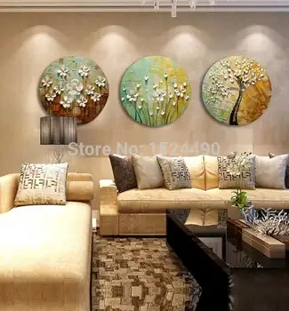 Resim seç: yuvarlak/oturma odası için çerçeveli tuval duvar sanatı üzerinde handpainted beyaz çiçekler modern bıçak yağlıboya set