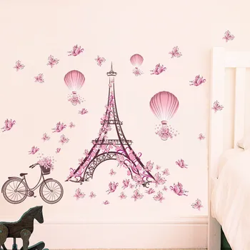 Romantik Aşk Çift Kulesi Dekoratif Duvar Sticker Oturma Odası, Yatak Odası Dekorasyon PVC Bisiklet Çiçek Sıcak Hava Balonu Çıkartmaları DİY