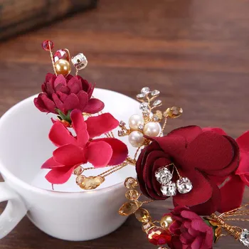 Romantik Kırmızı Dantel Çiçek Düğün Kristal İnci Çiçek şeklinde saç tokası Gelin Tiaras Dekorasyon Saç Aksesuarları Takı JL Headpieces