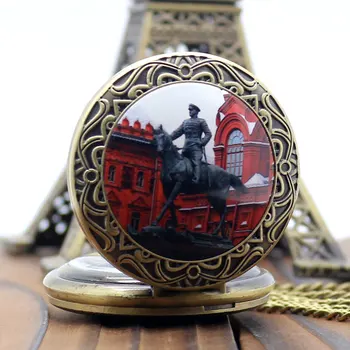 Rusya Moskova Kahramanı Mareşal Zhukov Tasarım Bronz Vintage Kuvars Cep Saati& Fob Zincir Erkek Çocuk Hediye İle İzle