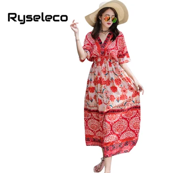 Ryseleco 2018 Holiday Beach-Çizgi Baskı Şifon Elbise Elastik Bel Boho Kısa Batwing Kollu Kadın Arka Orta Buzağı Elbise Kesme