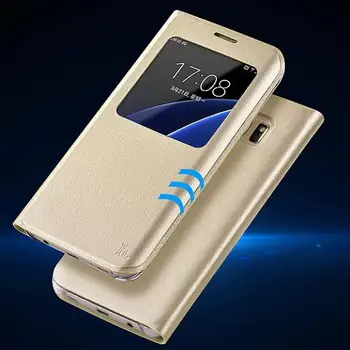 S7 Lüks Deri Samsung için S7 Durum Tam Telefonu Çanta Görünüm Penceresi Bu Akıllı Konut çantası Galaxy S7 Kapak Ön Kapak