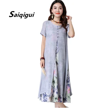 Saiqigui 2018 Yaz elbise kadın Çin Tarzı rahat Gevşek Pamuk Line elbise Baskı o-boyun vestidos de bulunan
