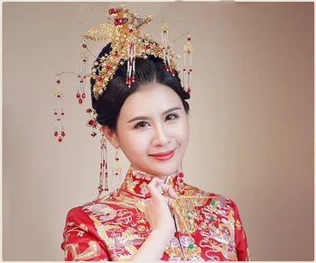 Saç Aksesuarları Gelin HİMSTORY Retro Çin Altın Kostüm Hairwear Çin Klasik Prenses Püskül İnci Phonix Düğün