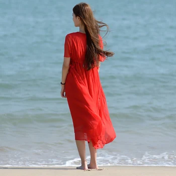 SCUWLİNEN Vestidos 2018 Kadın Yaz Düz Elbise V-boyun İmparatorluk Sahte İki Adet VelociRaptor sürücü Gevşek Rahat Plaj Peri Giydir Bel