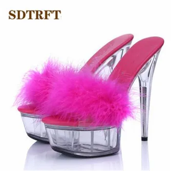 SDTRFT Plus:34-44 Yaz paragraf şeffaf kristal platform sandalet ince 15cm yüksek topuklu ayakkabı kadını kadın terlik pompaları