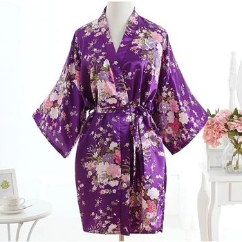 Seksi Yeni Gri Kadın Kısa Gecelik Pijama Saten Düğün Gelin Elbisesi Elbise Banyo Peacock&Çiçek Kimono Artı Boyutu Nedime