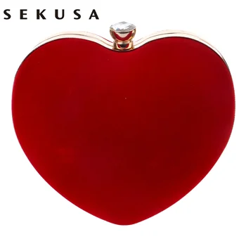 SEKUSA Kadife akrilik elmas kalp kırmızı/siyah akşam çanta zincir omuz gece çantası düğün için debriyaj çanta mini şekilli