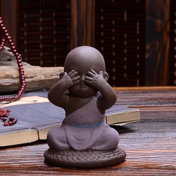 Seramik Buda Heykeli Mor kum çömlek Budist keşiş çay pet ev dekor Budizm keşiş shaveling süsler ilahi figürler