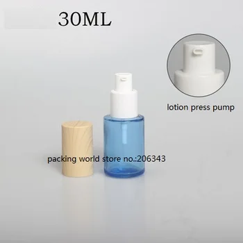 Serum/losyon/emülsiyon/vakıf/cilt bakımı kozmetik ambalaj için 30 ml buzlu/yeşil/mavi/beyaz cam şişe ahşap şekil kapak