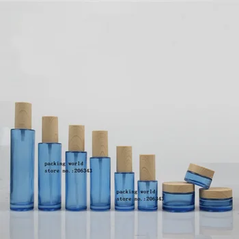 Serum/losyon/emülsiyon/vakıf/cilt bakımı kozmetik ambalaj için bir kase buzlu/yeşil/mavi/beyaz cam şişe ahşap şekil kapak