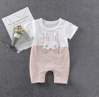 Sevimli Bebek Kız Romper Bebek Yaz Kıyafet Yumuşak Pamuk Tavşan Baskılı Elbise 0-24Months Çizgili